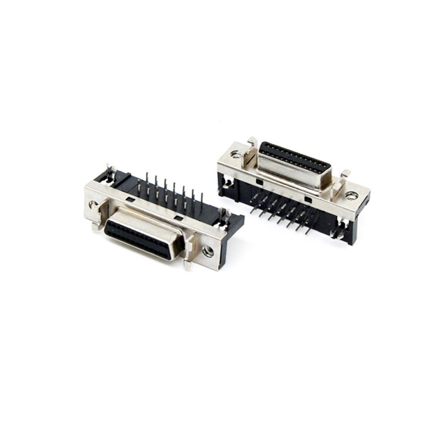 Header right angle mount SCSI DB 26 female connector with latch bracket