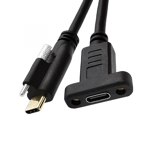USB 3.1 タイプ C オス - メス ケーブル、パネル取り付けネジ穴付き