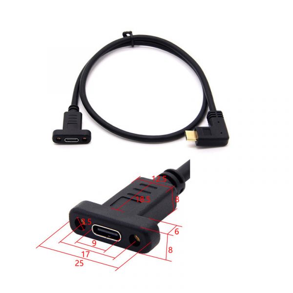 90 degree USB 3.1 Type-C M to F Panel Mount Cable with Screws