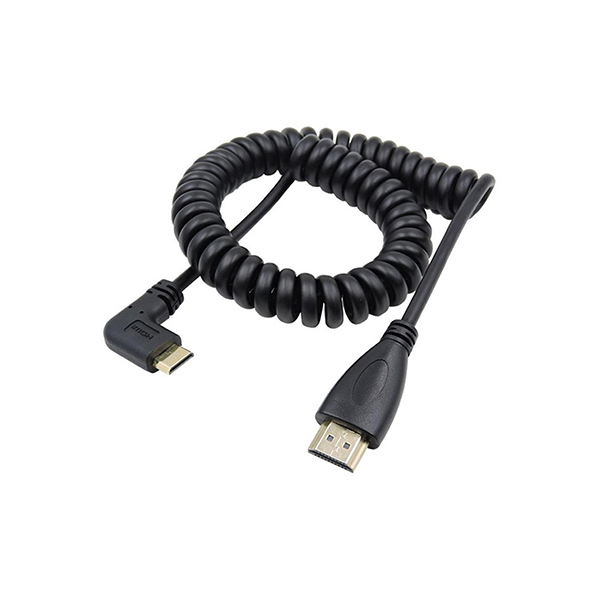 left Angle Mini HDMI Male to HDMI Male Stretch coiled Cable