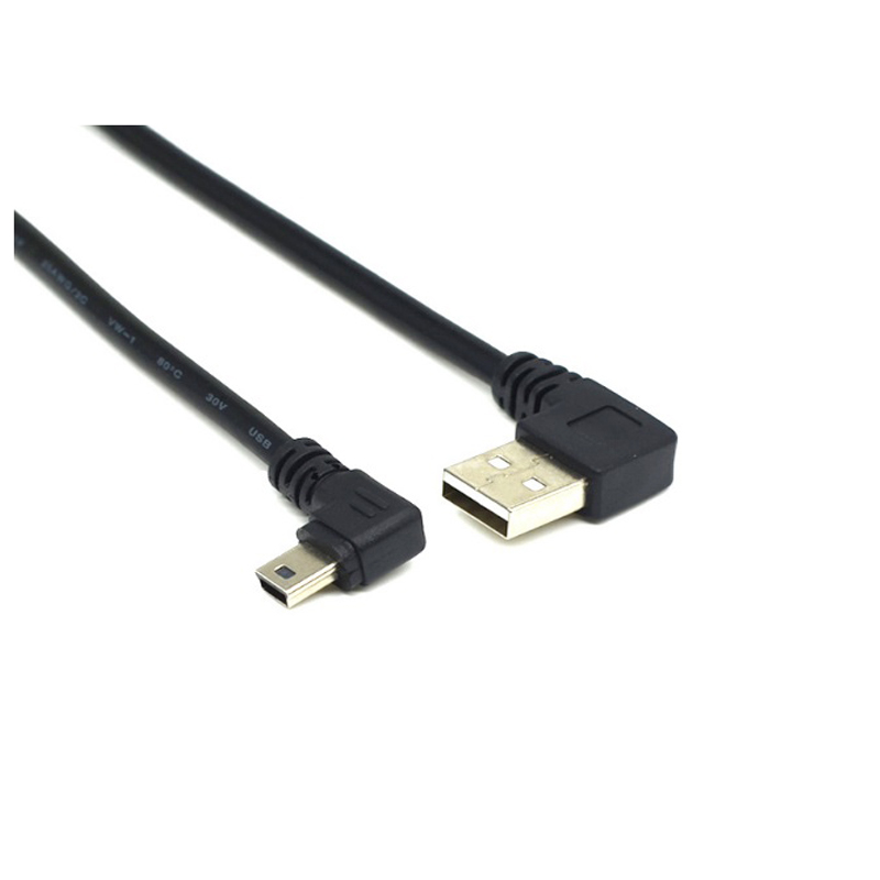 Rechthoekige USB 2.0 A to Right Angle 5 Mannelijke kabel bestaat uit een rechte USB A-mannetje aan het ene uiteinde en een USB mini-B 5-pins haakse mannelijke aan het andere uiteinde